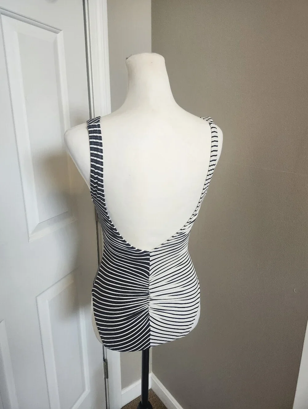 Solid & Striped 1 Pieced Black White & Silver Striped Ruched Swimsuit, S